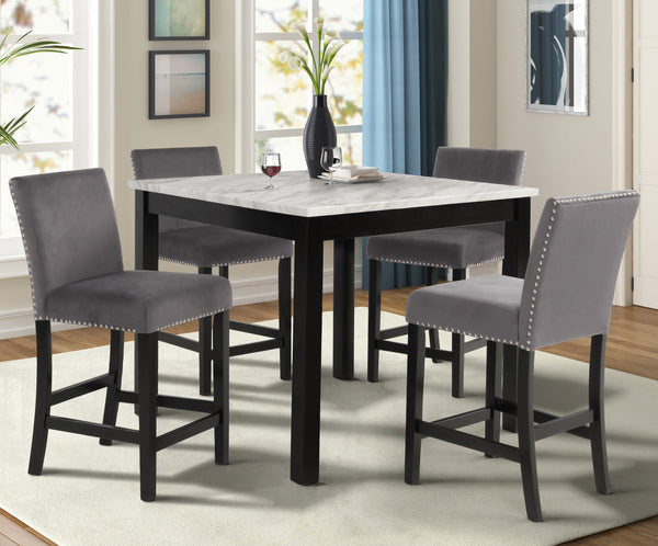 CELESTE 5PC FAUX MARBLE COUNTER TOP DINING SET WITH CRYSTAL GREY CHAIRS